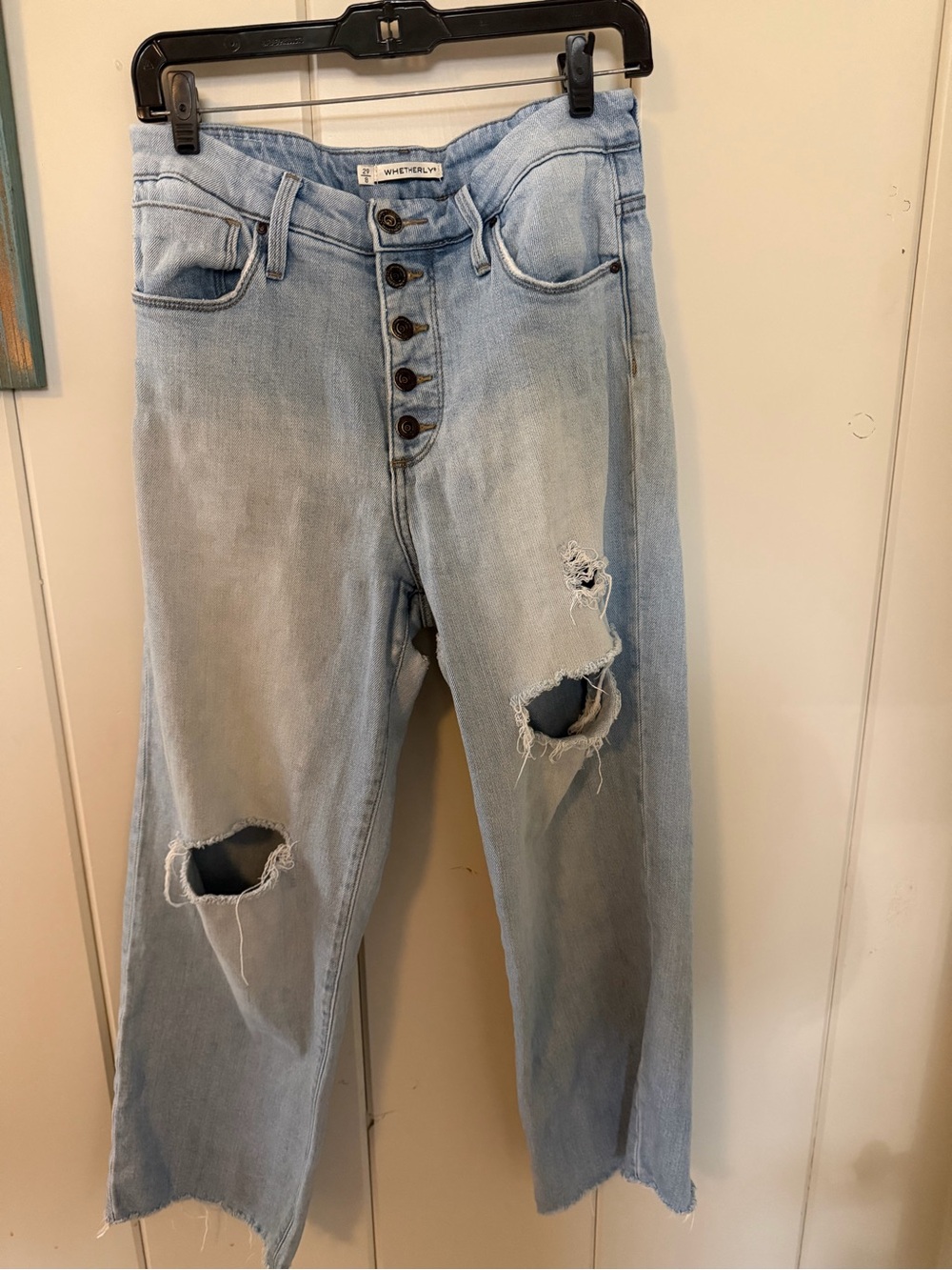 Whetherly Sz 8 Light Wash Distressed Straight Leg Jeans 29 Button Fly High Rise